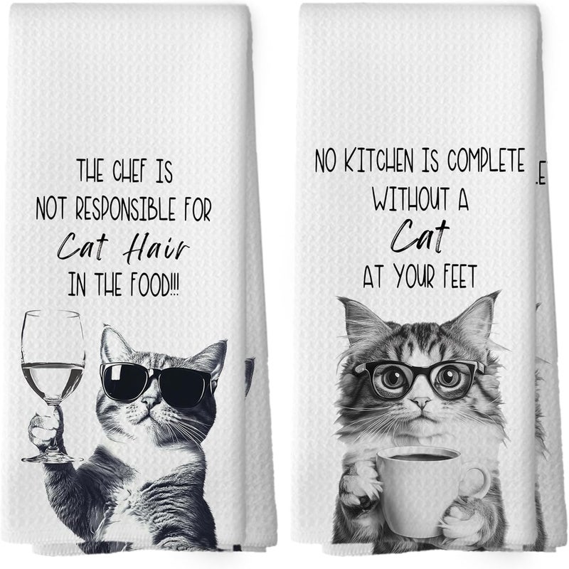 Mcehtle Funny Cat Kitchen Towels Set of 2, Cats Kitchen Accessories, Coffee Wine Station Decor, Chef Gift Hand Towel, No Kitchen is Complete Without a Cat at Your Feet Tea Towel 16x24 Inch - Image 1
